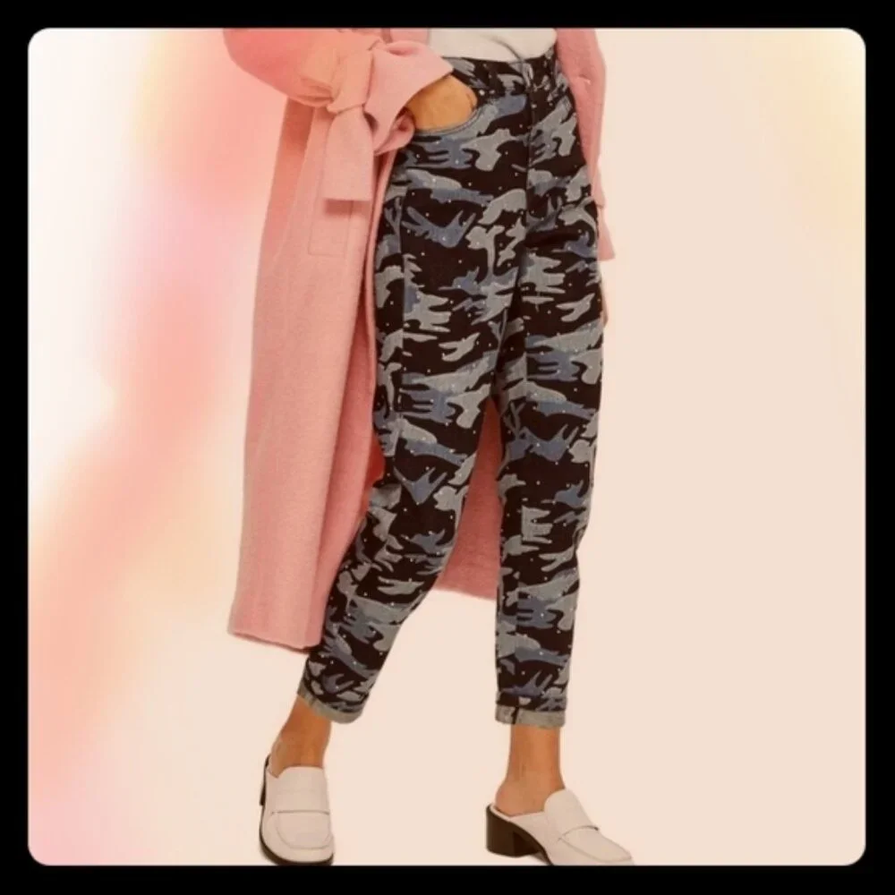 Topshop NEW Moto Mom Jeans High Waisted Jewel Studs Camo Diamante Denim Women's - Picture 10 of 17